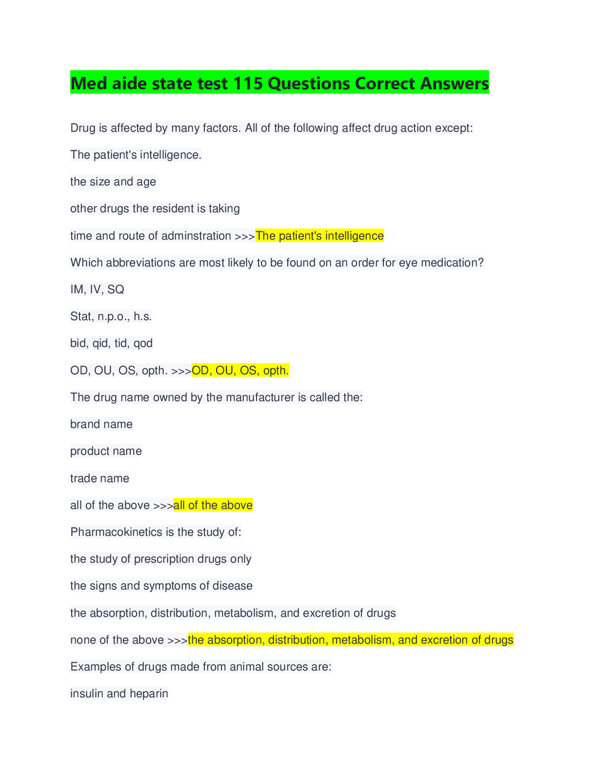 Preview of Med aide state test 115 Questions Correct Answers